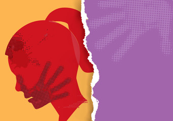 Violence against woman oncept. 
Young Woman grunge silhouette with hand print on the face on torn paper background. Vector available.