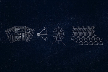 websites next to target & arrow and crowd of happy followers