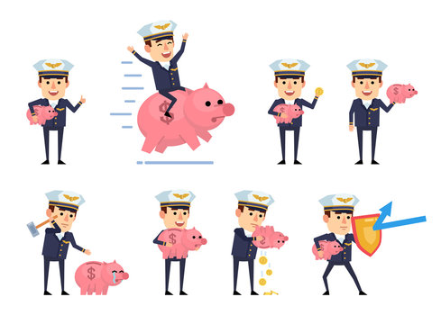 Set of handsome airline pilot characters posing with piggy bank. Cheerful pilot holding piggy bank, saving money, riding big pig and showing other actions. Flat style vector illustration