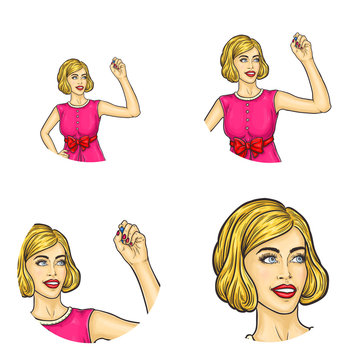 Set of vector pop art round avatar icons for users of social networking, blogs, profile icons. Blonde girl with retro haircut, in pink dress with bow drawing in air with marker. Isolated illustration.