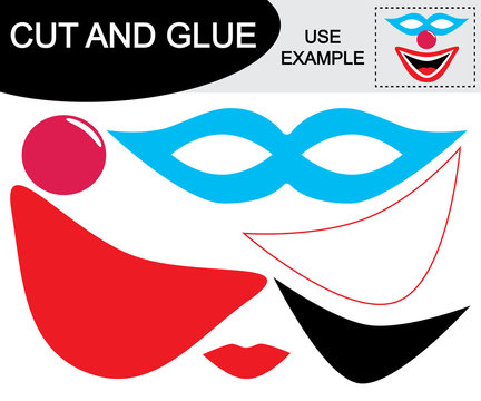 Mask of clown. Cut and glue. Educational game for children. Vector illustration.