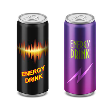 Two vector closed aluminum cans in black and purple color with a picture of lightning, a charge isolated on a white background. Set of illustrations, mock up brand design.