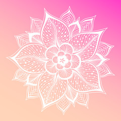 Pastel pink background flower mandala. Vintage decorative element. Ornamental round doodle flower on dreamy gradient background. Geometric circle element with hearts. Vector romantic illustration