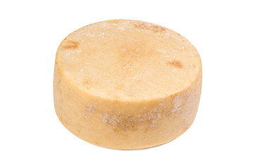 round pecorino cheese isolated on white
