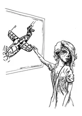 Foto auf Acrylglas Meisje tekent propellervliegtuig © emieldelange
