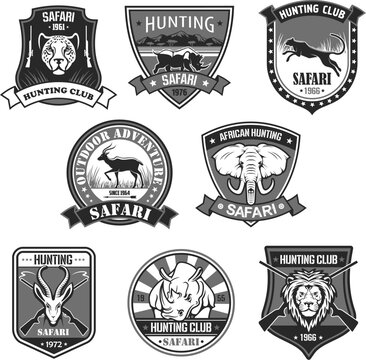 African safari animal hunting club badge set