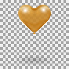 3d Realistic helium heart gold Balloon. Holiday illustration of flying glossy balloon. Isolated on Background.