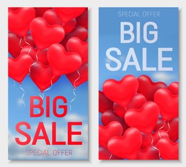 Valentine's day big sale offer, banner template. Red 3d glossy heart balloon with text.