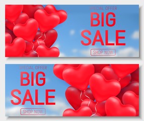 Valentine's day big sale offer, banner template. Red 3d glossy heart balloon with text.