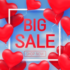 Valentine's day sale offer, banner template. Red 3d glossy heart balloon with text.