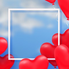 3d paper cut illustration of 3d glossy red balloon hearts on blue background with clouds. Vector