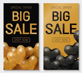 Valentine s day big sale offer, modern fashion banner template. Gold 3d glossy heart balloon with text.