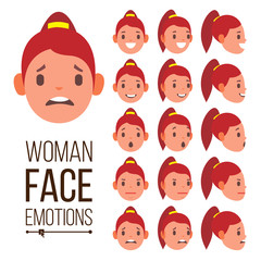 Woman Emotions Vector. Handsome Face Female. Cute, Joy, Laughter, Sorrow. Girl Avatar Psychological Portraits. Isolated Flat Cartoon Illustration