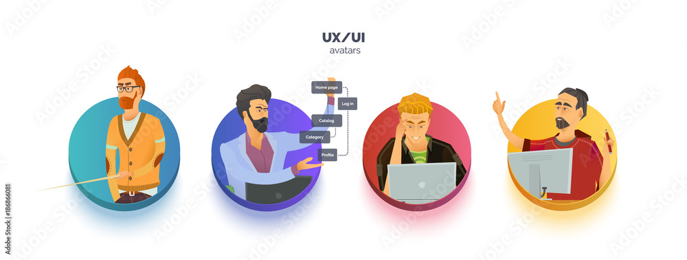 Poster avatars set for user experience, user interface, business. character in the process of work. info gr