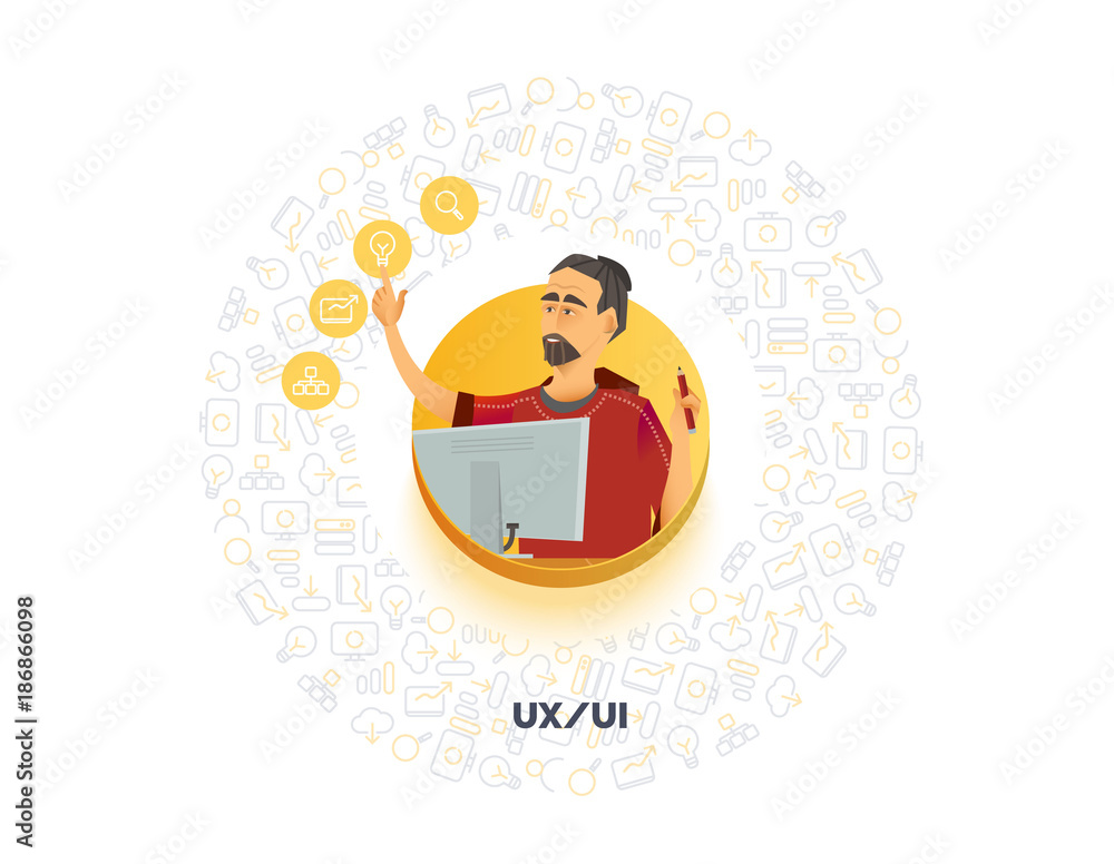 Poster user experience, user interface avatar. character in the process of work. info graphics, icons and s