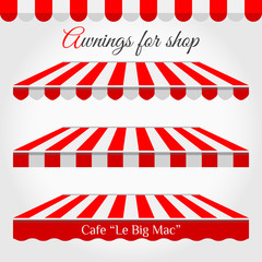 Striped Awning Tent for Shop in Different Forms. Roof Canopy. Red and White Striped Awning with Sample Text. Cafe or Market Tent, Design Decoration Element. Striped Awning Border. Design Element Set. - obrazy, fototapety, plakaty