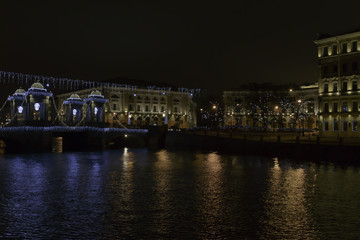 Illuminated Bridge center of Saint Petersburg. Beautiful Christmas light installation.