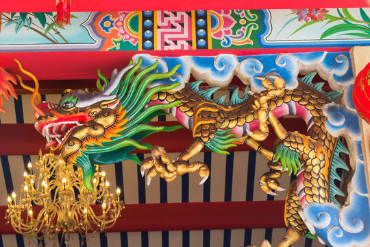 Bangkok / Thailand - October 3, 2017: Dragon statue in Chinese style of general temple roof in Thailand.