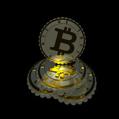 Shiny crypto currency coins composition 3D illustration on black background. Reflections, highlights, 3d text, motto. Collection.