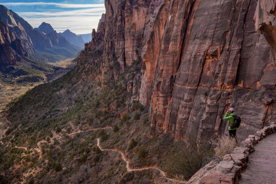 The Hiker Taking Pictures at Angels Landing Trail at Zion National Park