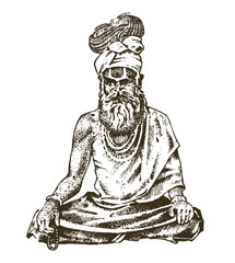 Hindu in national dress. Indian spiritual monk meditating and landmark or architecture. Traditional religious sadhu. engraved hand drawn in old sketch, vintage style.