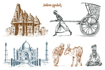 Indian monk meditating and landmark or architecture. Taj Mahal, traditional animal cow. Hindu farmer with rickshaw. mausoleum-mosque. engraved hand drawn in old sketch, vintage style.