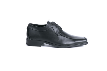 Male black leather shoe on white background, isolated product, comfortable footwear.