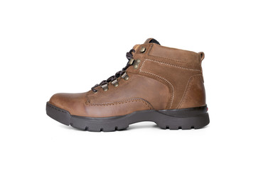 Male brown leather boot on white background, isolated product, comfortable footwear.