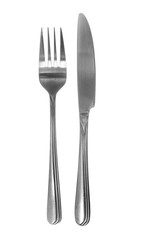 Silver fork and knife detail view isolated on white background