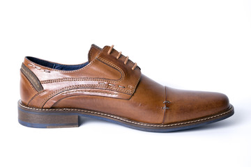 Male brown leather shoe on white background, isolated product, comfortable footwear.