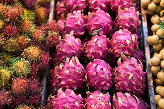 Dragon fruit on fruit and vegetable stall, Phuket, Thailand, Asia