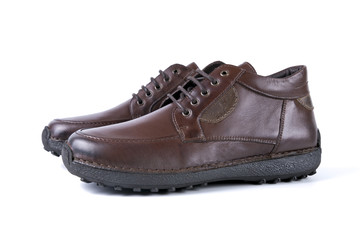 Male brown leather boot on white background, isolated product, comfortable footwear.