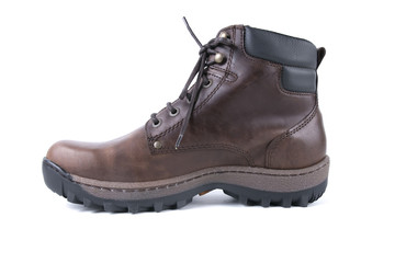 Male brown leather boot on white background, isolated product, comfortable footwear.