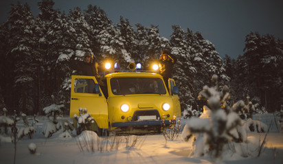 vintage ussr yellow van winter snow forest
