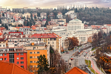 Fototapeta na wymiar Aerial view Prague street with cars and houses