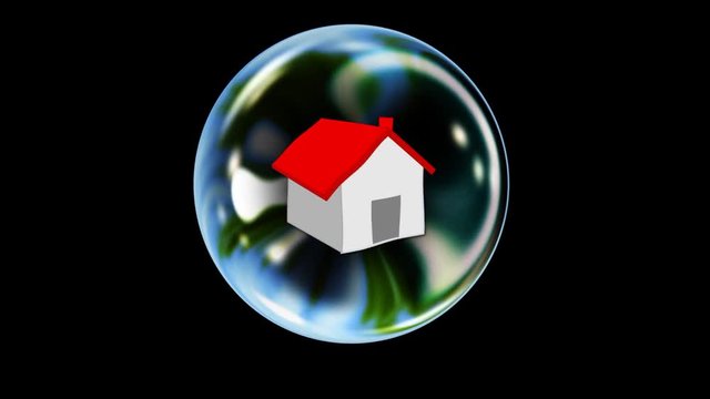 Close up of a Real Estate Bubble with a house rising into view and holding on mid screen.  It wobbles and jiggles, potentially about to burst as a possible real estate market collapse.