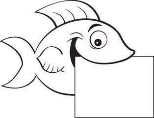 Black and white illustration of a fish holding a sign.