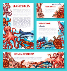 Vector seafood poster of sketch fresh fish