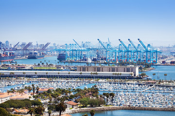 Long Beach marina and shipping port at sunny day - obrazy, fototapety, plakaty