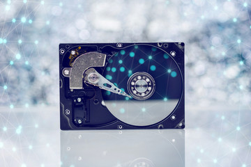Opened Computer Hard Disk On Light Background With Reflection And Abstract Connection Net