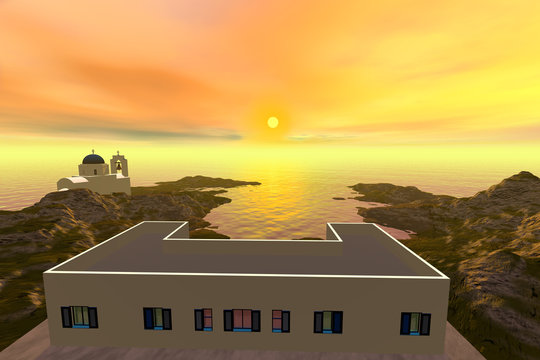 Sunset, a mediterranean landscape, white house a  beautiful church and a dreamy sky.