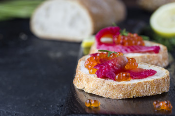 ciabatta with beet Gravlax salmon with caviar