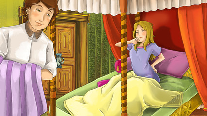 cartoon scene with young sleepy princess looking at big bed illustration for children © honeyflavour