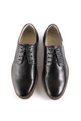 Fototapeta na wymiar Male black leather shoe on white background, isolated product, comfortable footwear.