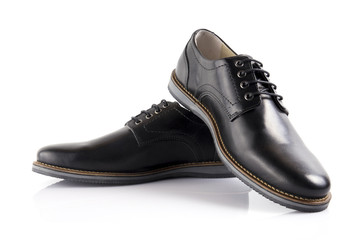 Male black leather shoe on white background, isolated product, comfortable footwear.