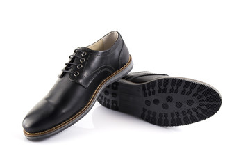 Male black leather shoe on white background, isolated product, comfortable footwear.