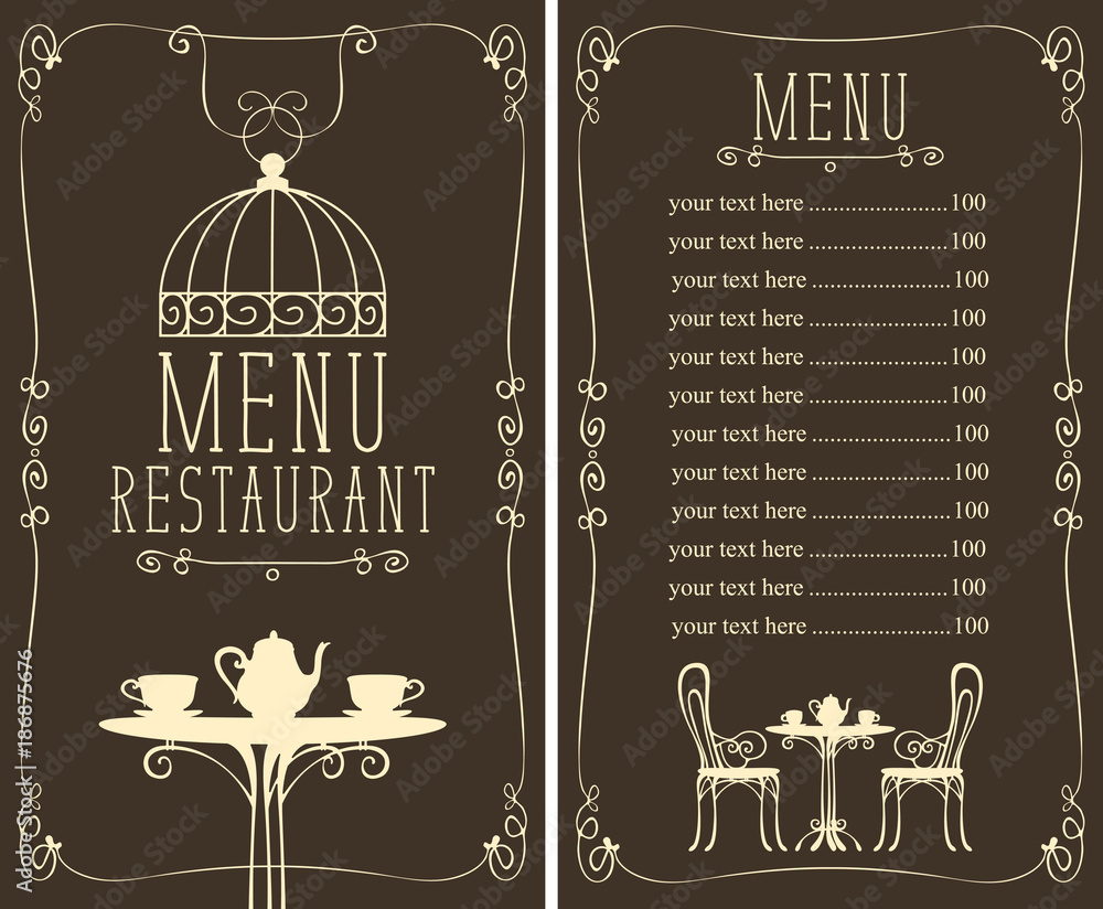 Poster vector menu for restaurant or cafe with a price list and a table, chairs and tea in a curly frame in