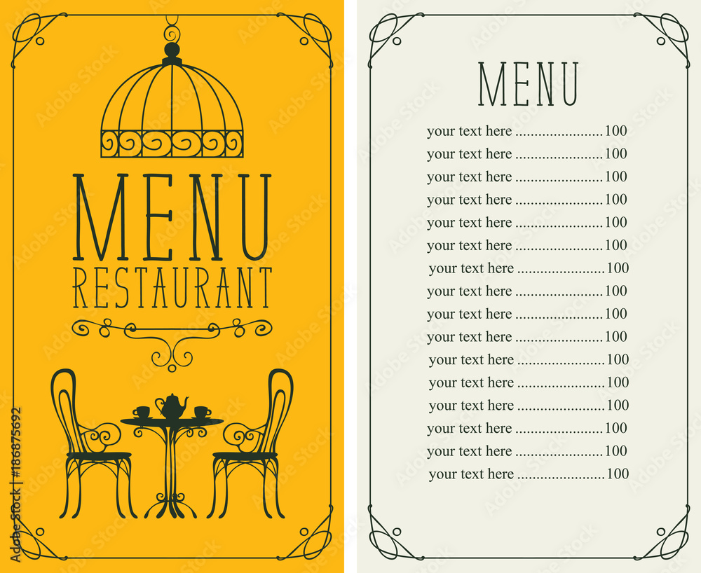 Aufkleber vector menu for restaurant or cafe with a price list and a table, chairs and tea in a curly frame in