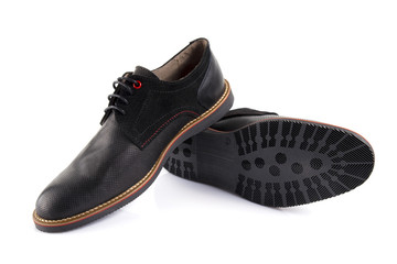 Male black leather shoe on white background, isolated product, comfortable footwear.
