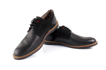 Male black leather shoe on white background, isolated product, comfortable footwear.